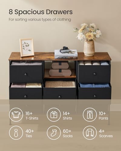 SONGMICS Chest of Drawers, 8-Drawer Fabric Dresser with Power Outlets and LED Lights, Ink Black and Rustic Brown C25075