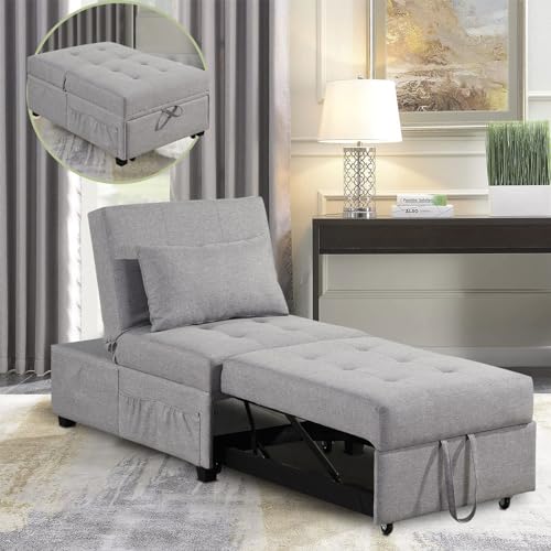 Sofa Bed Chair, 4 in 1 Convertible Sleeper Chair Bed Ottoman, Linen Fabric Pull Out Sofa Bed with Adjustable Backrest & Pillow, Single Recliner Chair for Small Space, Living Room