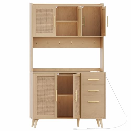 70.9" Kitchen Pantry Cabinet with Microwave Shelf, Rattan Hutch with Charging Station, Tall Floor Cupboard with Drawers and Doors, Black and Natural U6564