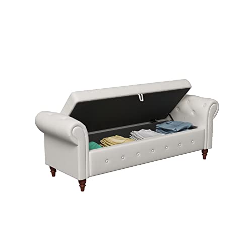 63" Tufted Storage Bench with Rolled Arms and Solid Wood Legs, Blue K38351