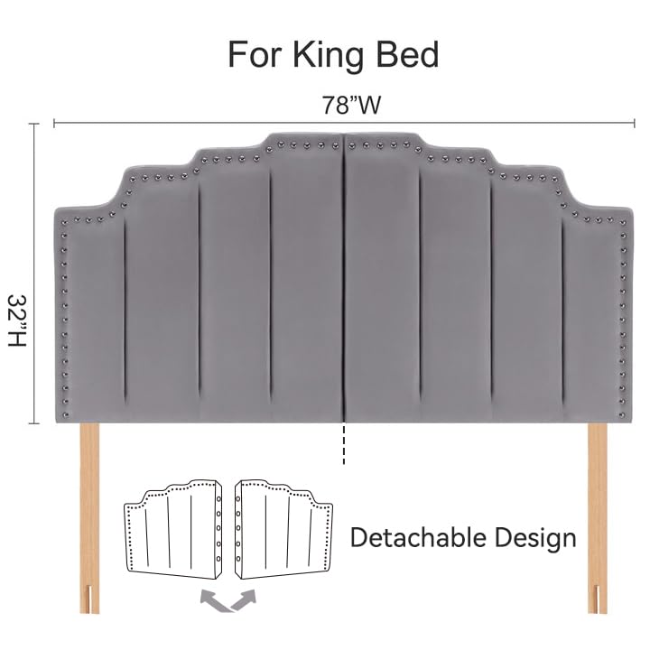 Kingfun Mid Century Velvet Upholstered Headboard for King Size Bed, Grey W923143