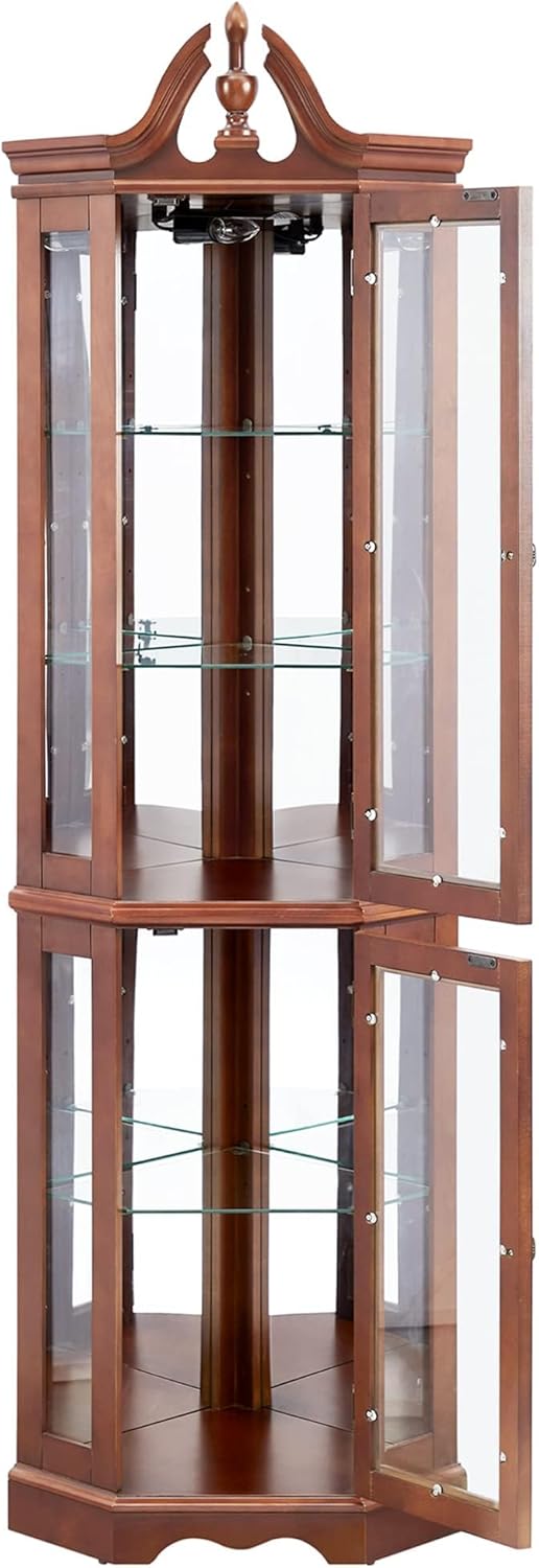 Lighted Curio Cabinet with Curved Top, Wooden Corner Display with Glass Shelves V360