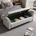 63" Long Storage Bench, Button Tufted Bed End Storage Bench with Rolled Arm and Solid Wood Legs, Upholstered Storage Ottoman Footrest for Bedroom Entryway Living Room, Space Saving, Blue