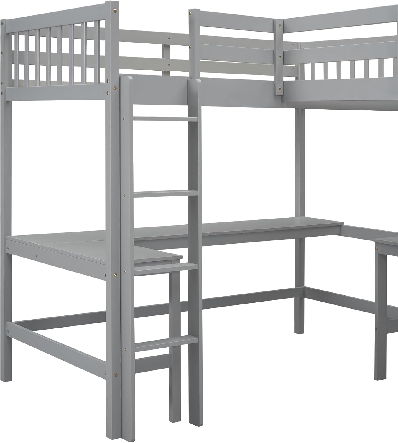 L-Shaped Double Twin Loft Bed with 2 Desks, Wood, Gray O422687