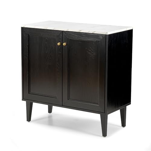Black Storage Cabinet with Faux Marble Top & Adjustable Shelves A5746