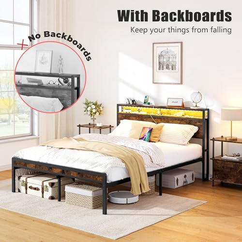 Vintage Brown Bed Frame with LED Light and Charging Station E94634