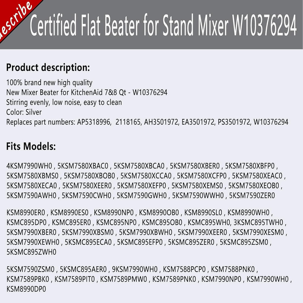 prime&swift 7&8 Quart Flat Beater Stainless Steel Mixing Head for Stand Mixer H34244