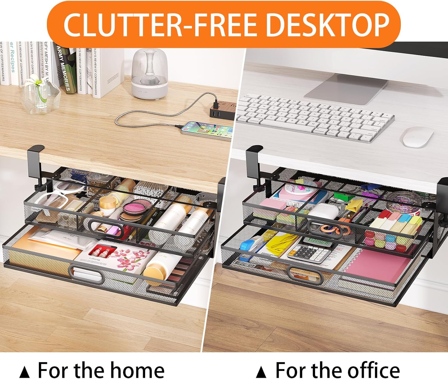 Under Desk Drawer Organizer No Drilling Metal 2 Drawer Slide Out Clamp On Z48397
