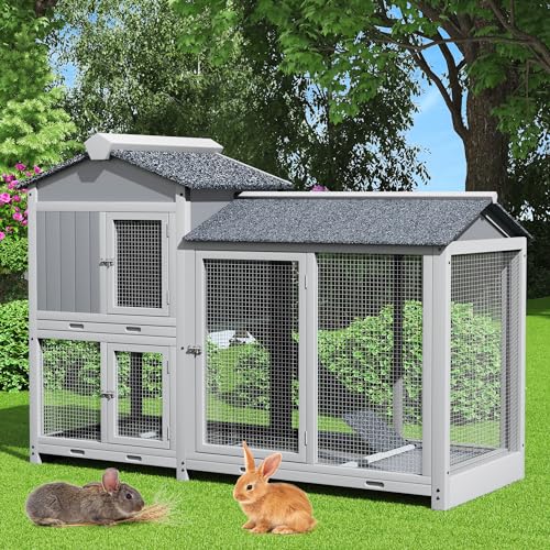 Rabbit Hutch Indoor Outdoor Bunny Cage 63" with Removable Trays, Grey L29660