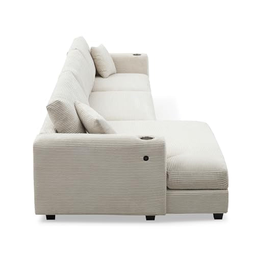 PURLOVE Oversized Corduroy Sectional Sofa with USB Port and Cup Holder Y613870