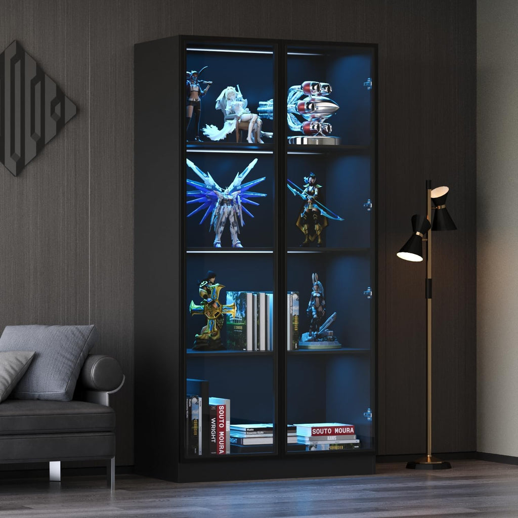 Display Cabinet with Glass Doors & Lights, 4-Tier, Black L5511