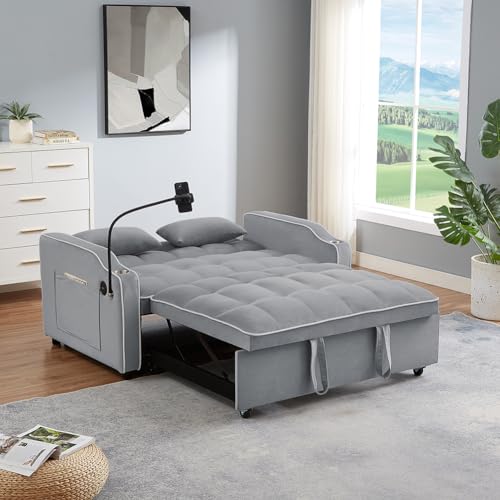 3-in-1 Velvet Pull Out Couch with Adjustable Backrest and Storage Pockets G48604