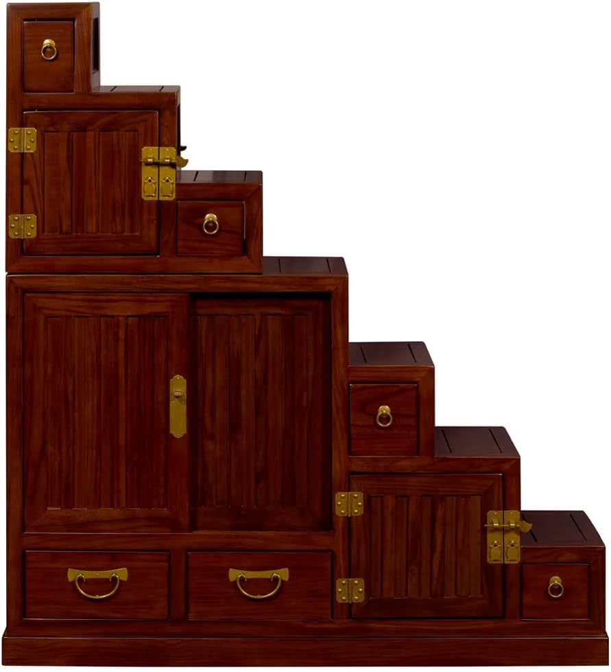 ChinaFurnitureOnline Elmwood Asian Cabinet, Japanese Step Tansu Chest A32086