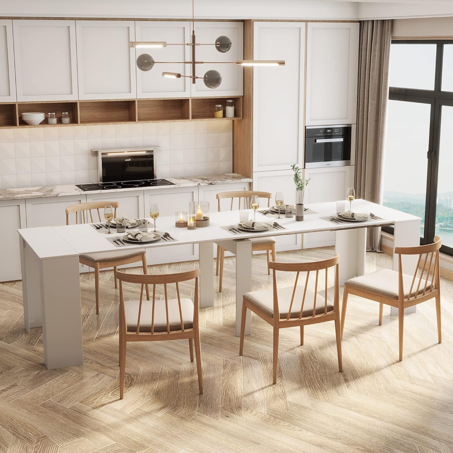 118" Wooden Expandable Dining Table for 8-12 Person, White E81605