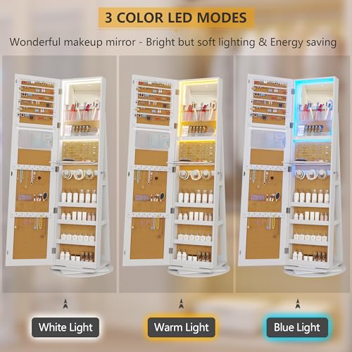 Vlsrka 360° Swivel Jewelry Cabinet with Lights and Full Length Mirror, Black R450