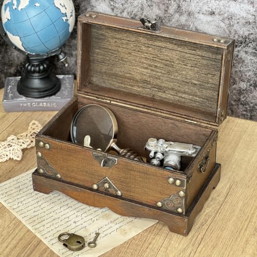 Wooden Treasure Chest Box with Lock for Jewelry and Trinkets P479