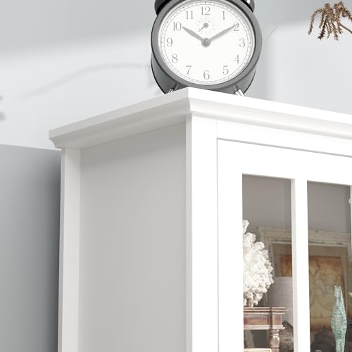 Hitow Tall Bookcase with Glass Doors, 4-Tier Shelf and 2 Drawers, White F992613