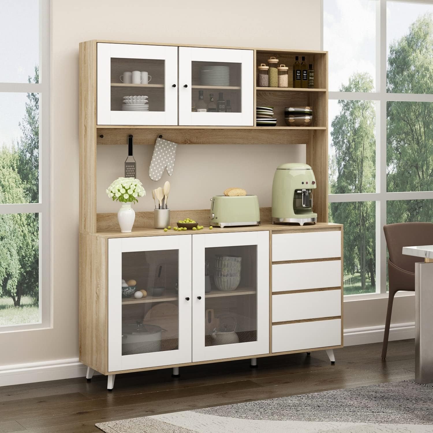 63"W 74.8"W Buffet with Hutch, Freestanding Kitchen Pantry Oak/White
