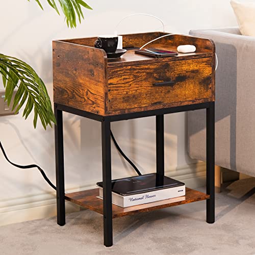 Lerliuo Nightstands Set of 2 with Charging Station, 3-Tier End Side Table with Storage Drawer, Oak Grey M155