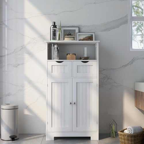 Modern Bathroom Floor Cabinet with 2 Doors and 1 Drawer, Free-Standing Home Furniture Organizer Cupboard,Bathroom Organizers and Storage for Kitchen/Office/Bathroom/Living Room, White
