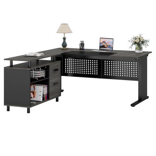 Tribesigns 63 Inch Executive Desk with File Cabinet, L Shaped Computer Desk, Gray and Black I266197