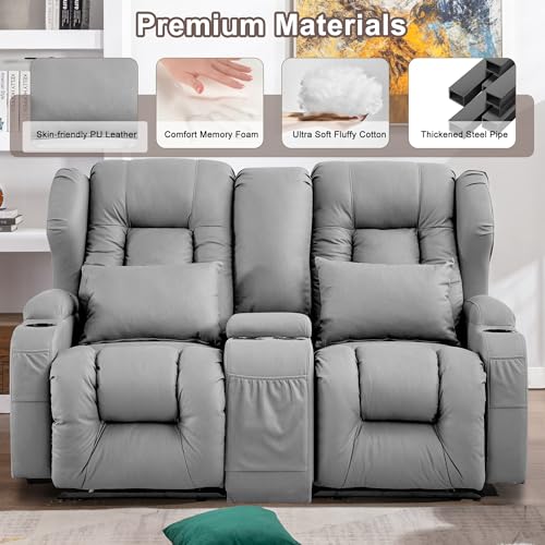 Loveseat Recliner Sofa with Console and Cup Holders, Beige J1353