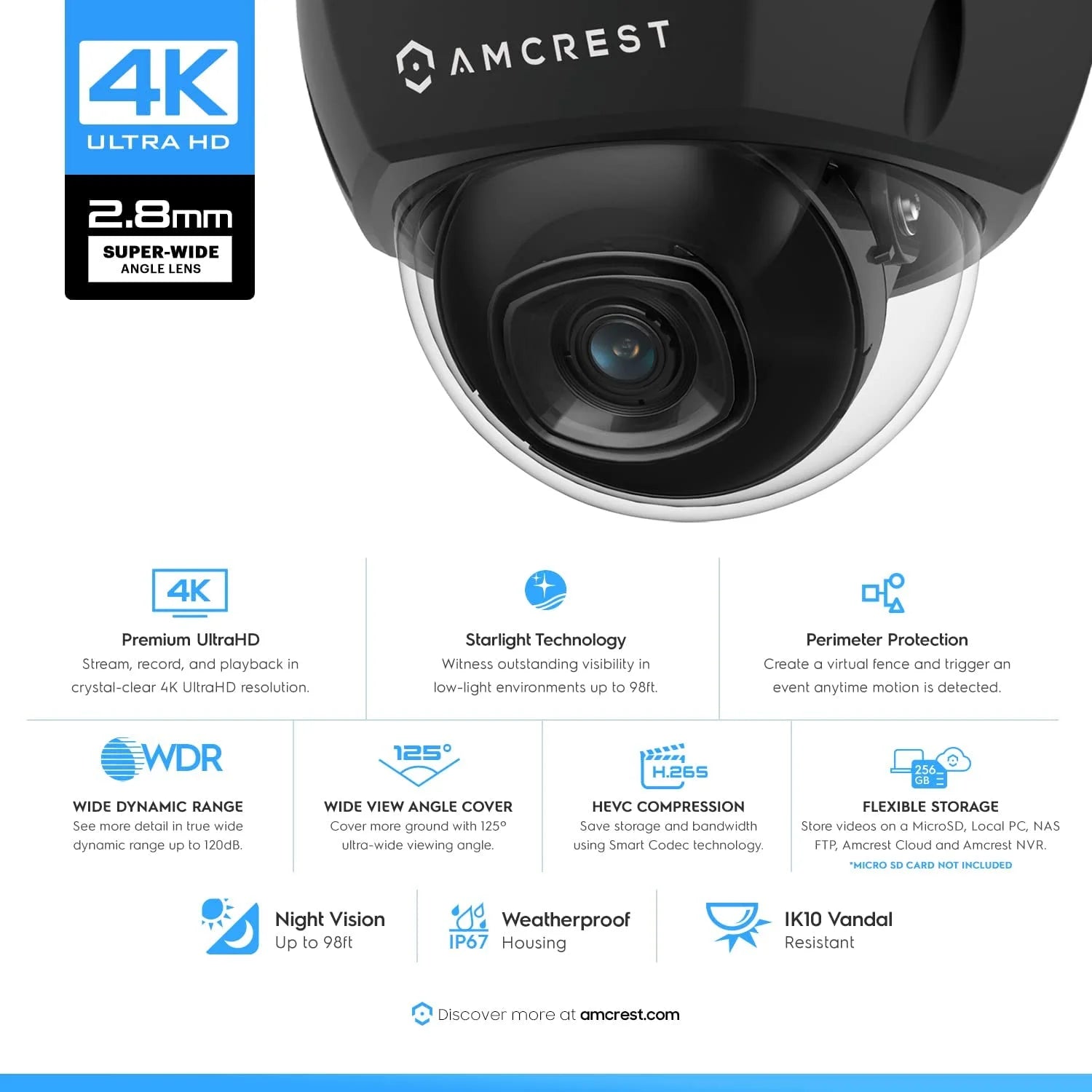 Amcrest UltraHD 4K Outdoor Security POE IP Dome Camera, 98ft Night Vision, Black N855