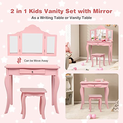 HONEY JOY Kids Vanity Set with Mirror and Stool, White L306
