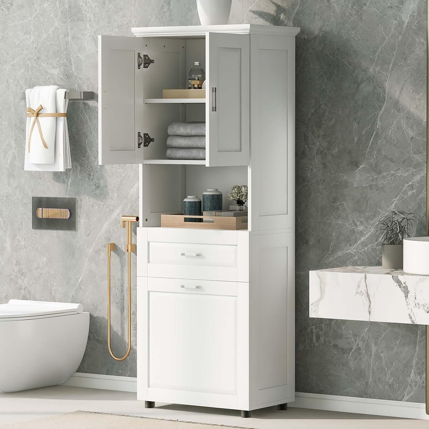 Tilt Out Laundry Hamper Cabinet with 2 Doors and Adjustable Shelf L542579