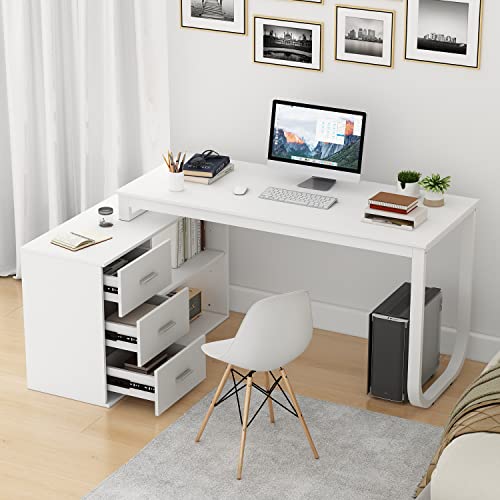 FAMAPY 55.1" L-Shaped Desk with Drawers and Shelves, White C890711