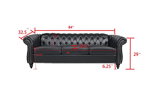 Chesterfield Leather Sofa 84" Tufted 3 Seater with Rolled Arms, Dark Brown F8129