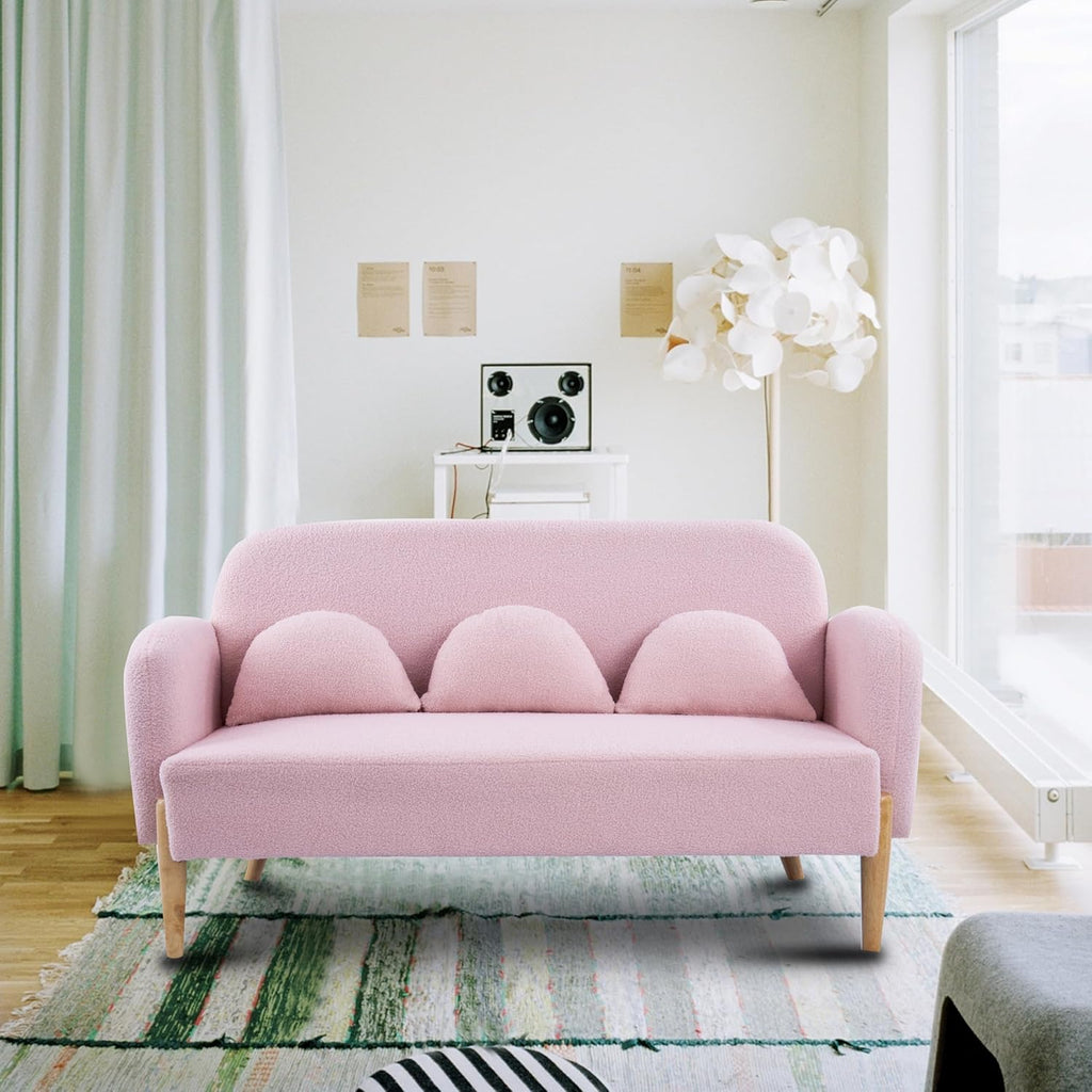 59" Sofa Loveseat with 3 Lumbar Pillows, Mid Century Modern Teddy Fabric Velvet Mini Couch for Living Room, Accent Sofa&Couches with Wood Leg Feet for Home Offices Bedroom, Pink