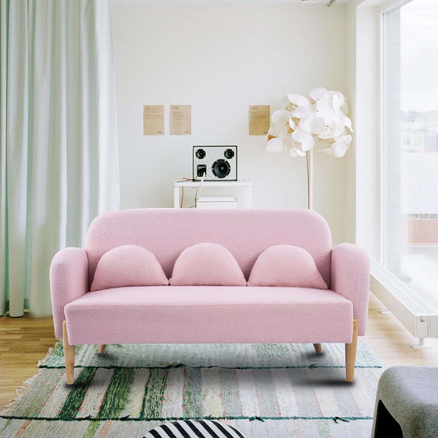 59" Sofa Loveseat with 3 Lumbar Pillows, Mid Century Modern Teddy Fabric Velvet Mini Couch for Living Room, Accent Sofa&Couches with Wood Leg Feet for Home Offices Bedroom, Pink