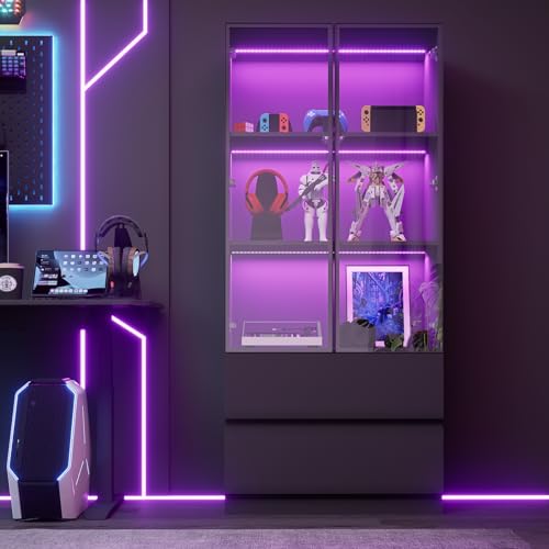 Glass Display Cabinet with LED Lights and 3-Tier Shelves Y843