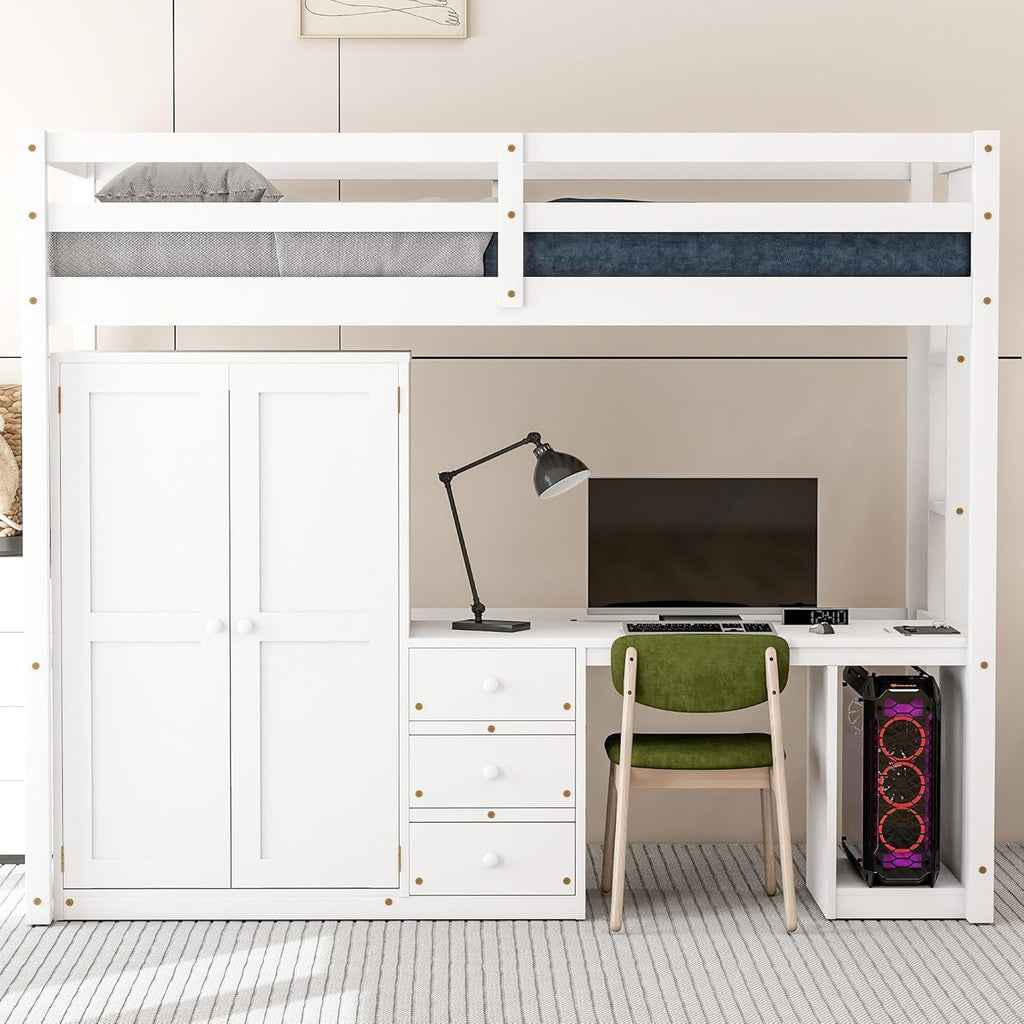 Twin Size Wood Loft Bed with Wardrobe, Desk and Storage Drawers, White H6245