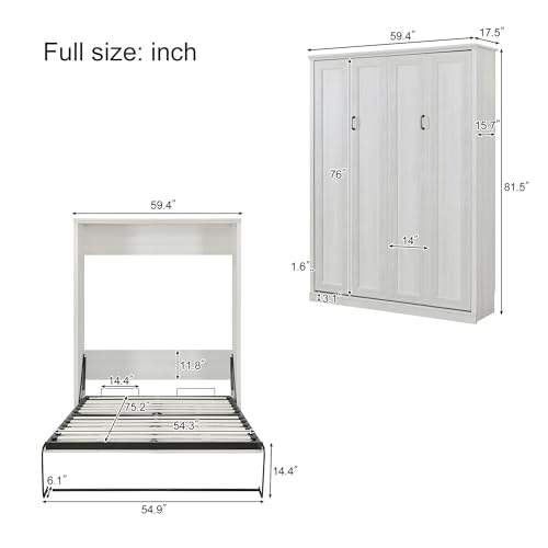 Full Size Murphy Bed with Storage Cabinet, Drawers and Shelves, White X911287