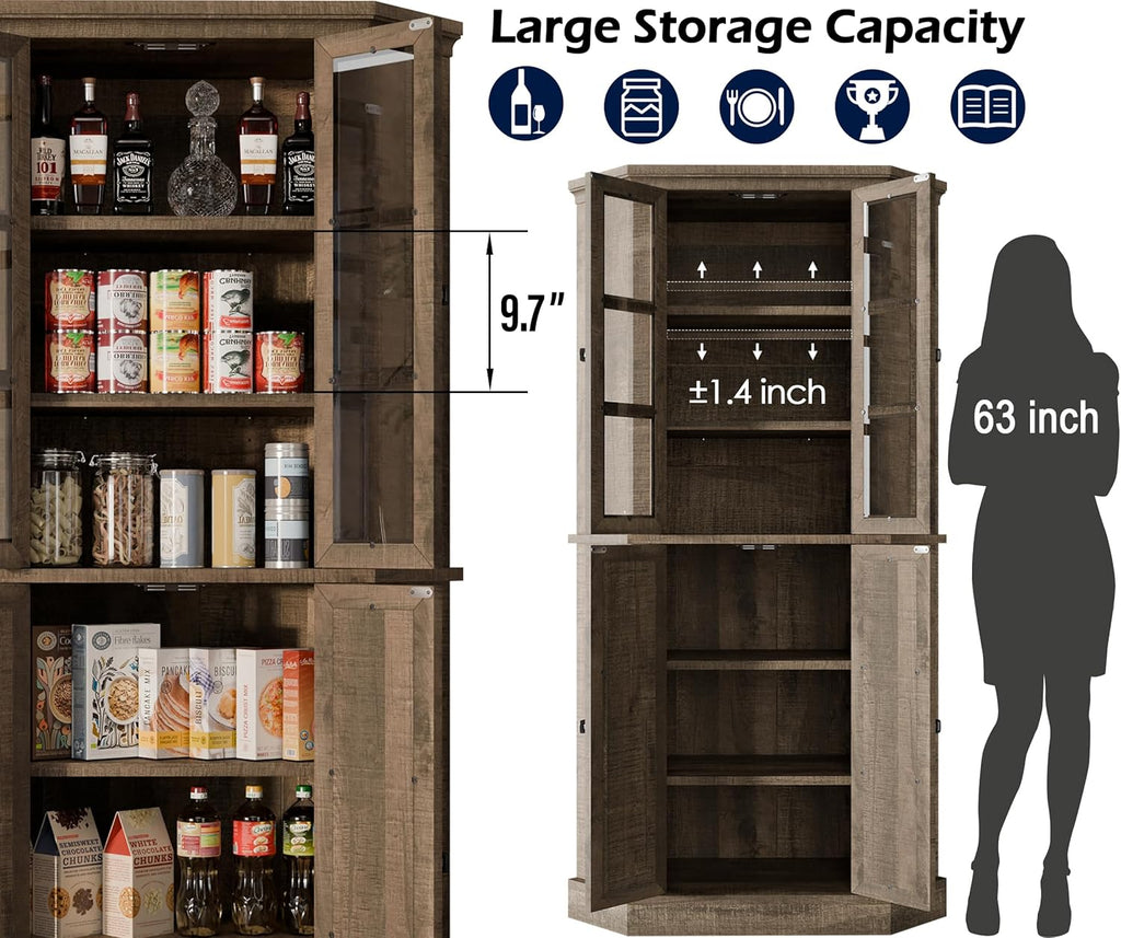 Corner Storage Cabinet 67" Kitchen Pantry with Glass Doors, Farmhouse Tall Curio Display, Rustic Brown Y1061
