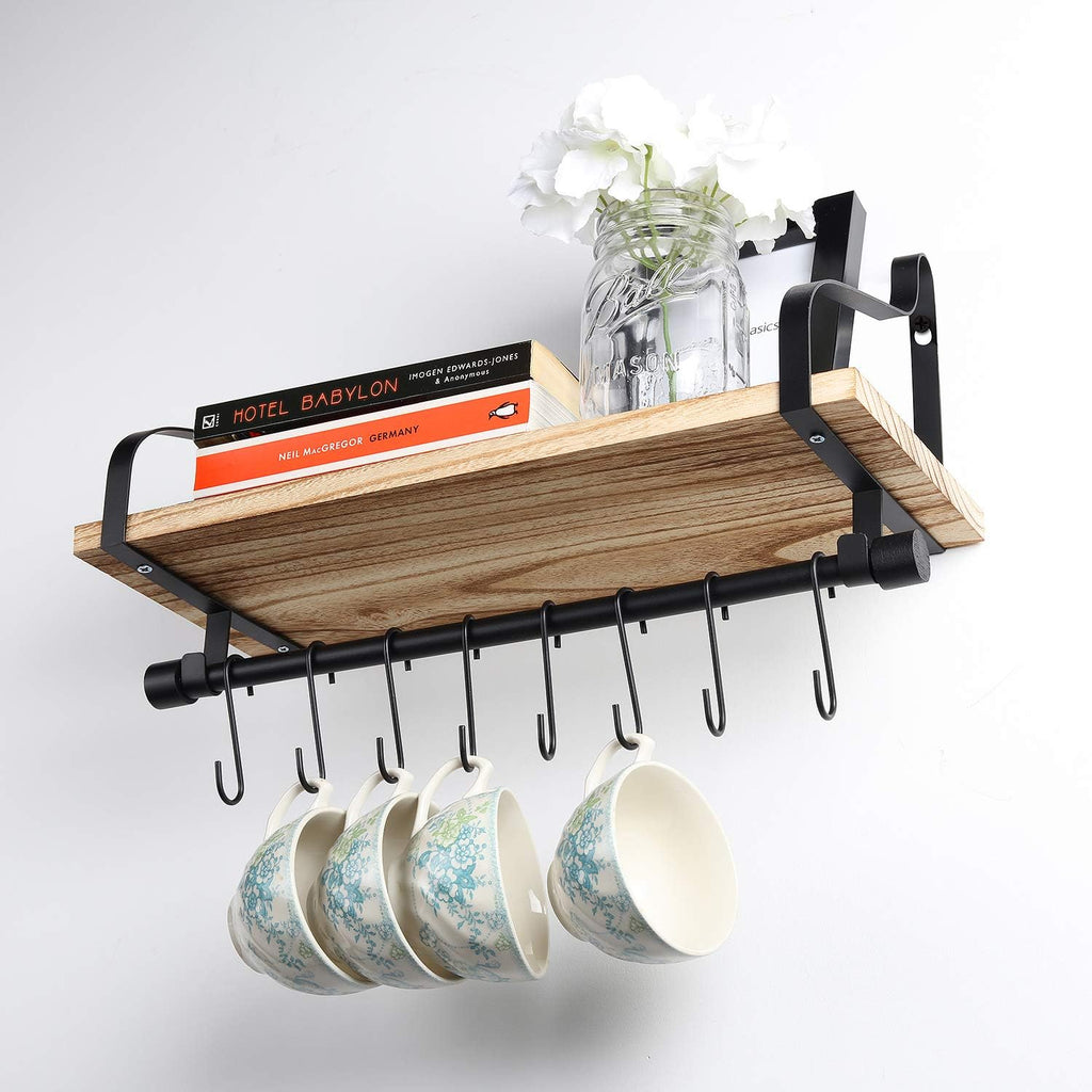 Rustic Wood Floating Shelf with 8 Hooks Y12355