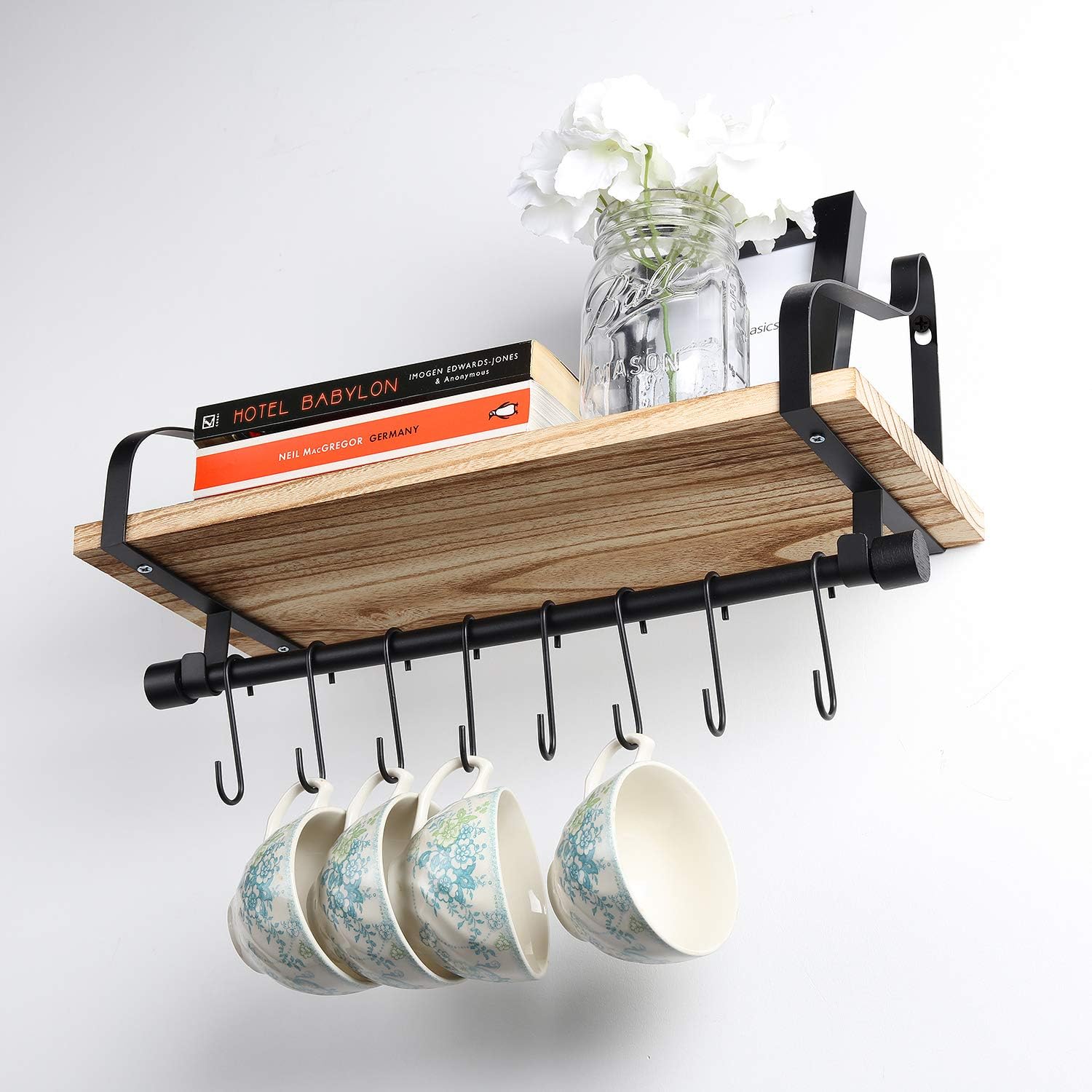 Rustic Wood Floating Shelf with 8 Hooks Y12355