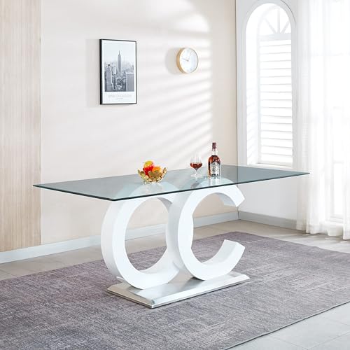70 inch Glass Dining Table for 8, Tempered Glass with Gold Stainless Steel Pedestal U5101