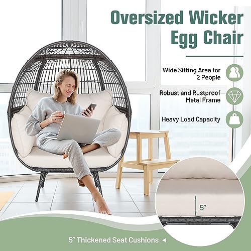 Oversized Egg Chair with Metal Stand and 4 Cushions, PE Rattan, Light Brown P508128