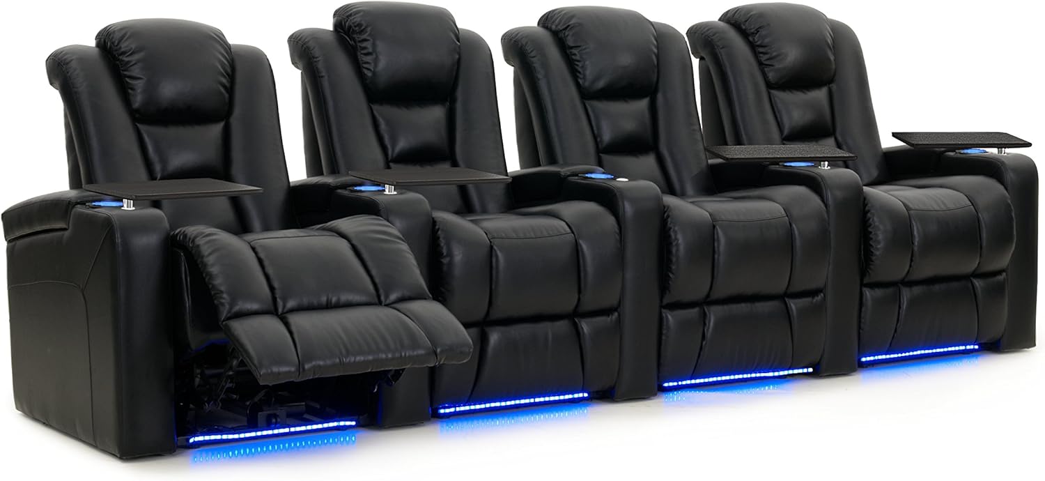 Octane Seating Mega XL950 Home Theater Seats - Black Bonded Leather - Power Recline - Row of 4