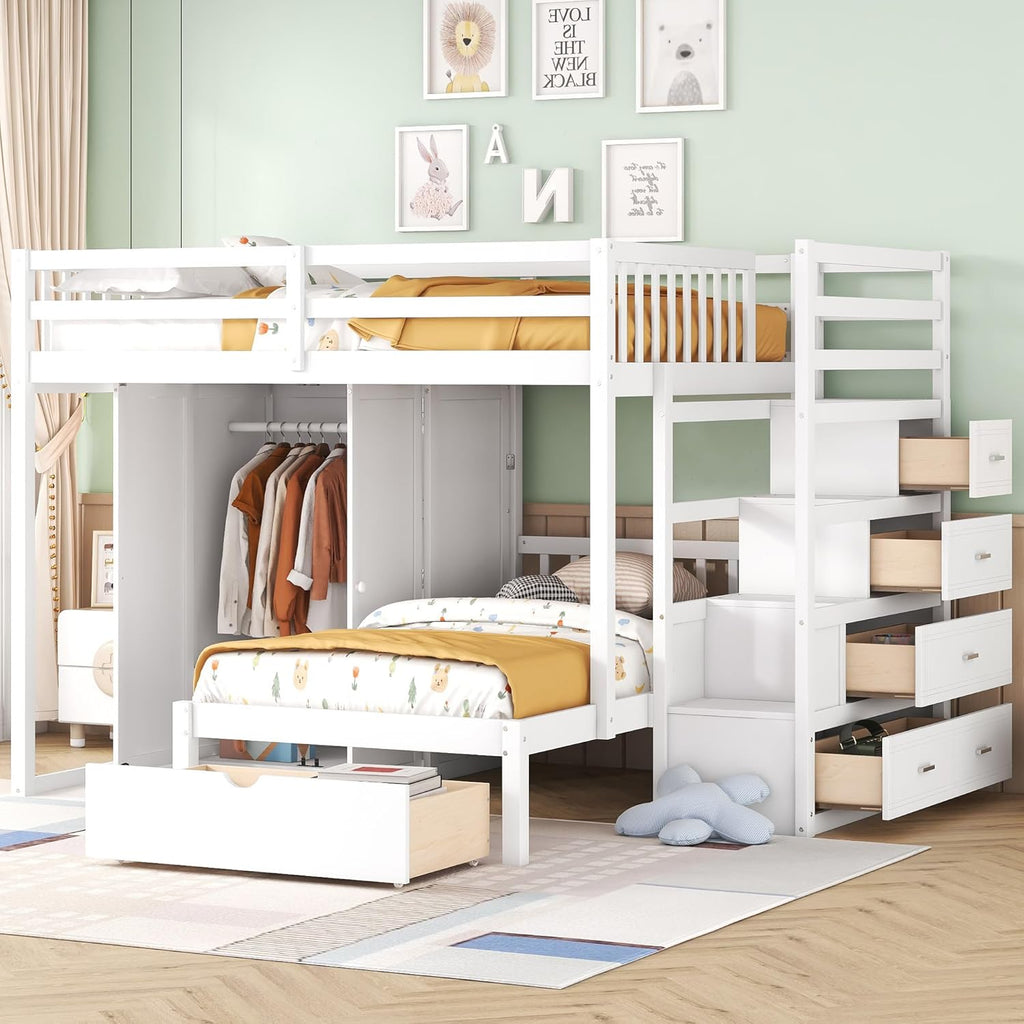 Full Over Twin Wood Bunk Bed with Wardrobe, Staircase and Drawers, White W870118