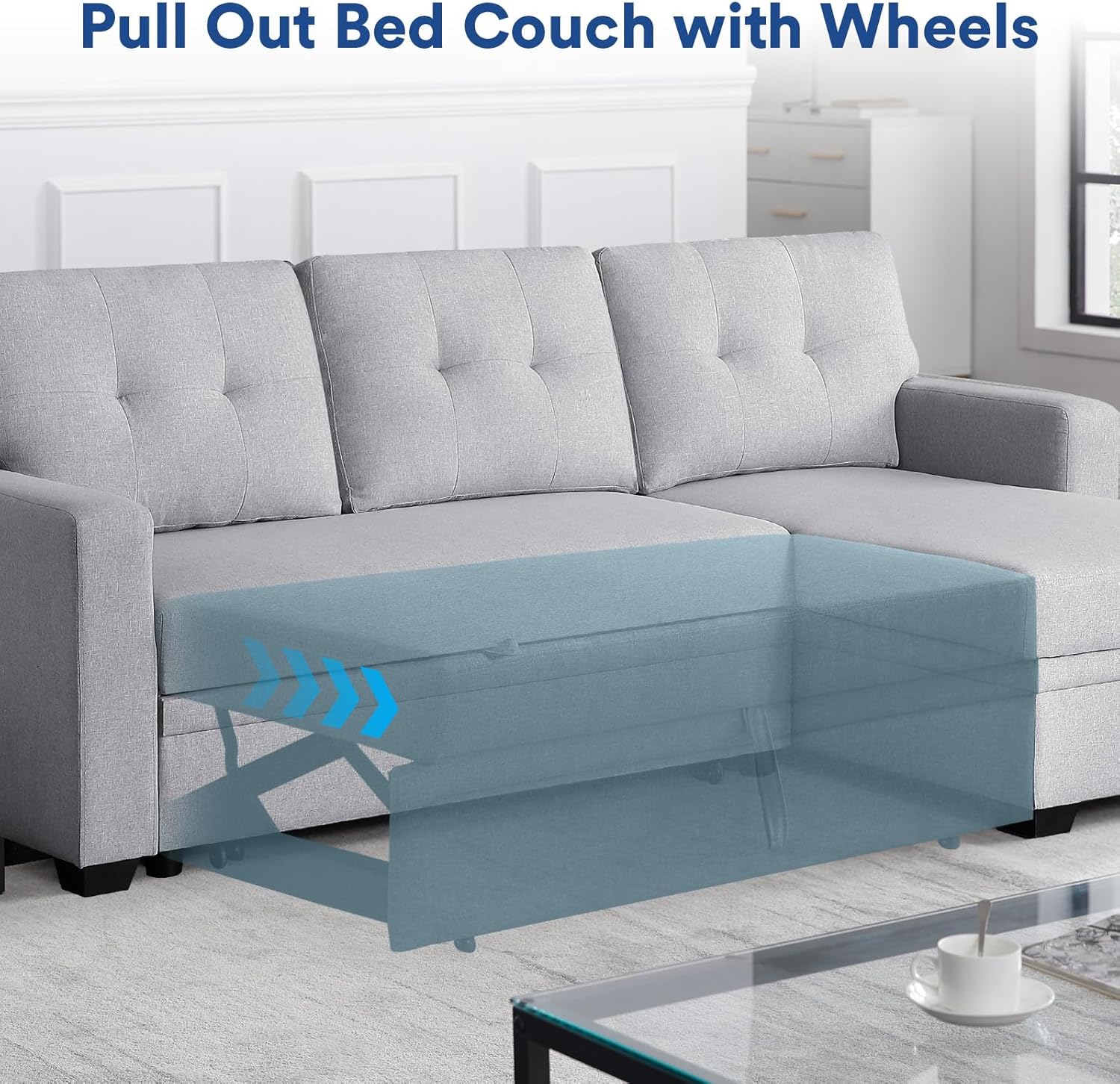 4-in-1 Convertible L Shaped Couch with Pull Out Bed and Storage, Light Gray G8799