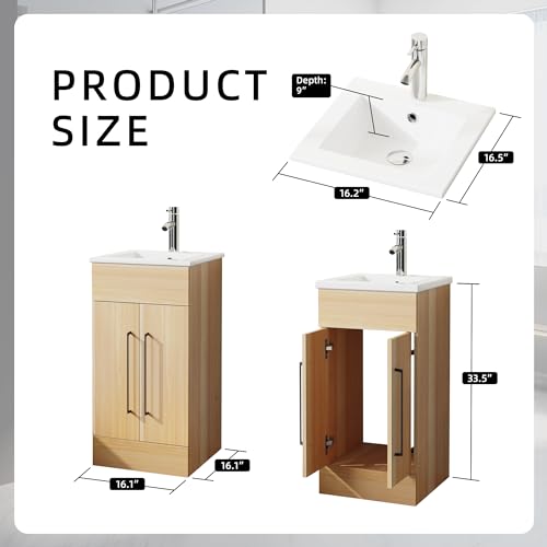 16" Bathroom Vanity Sink Combo with Storage Cabinet, White and Oak J86582