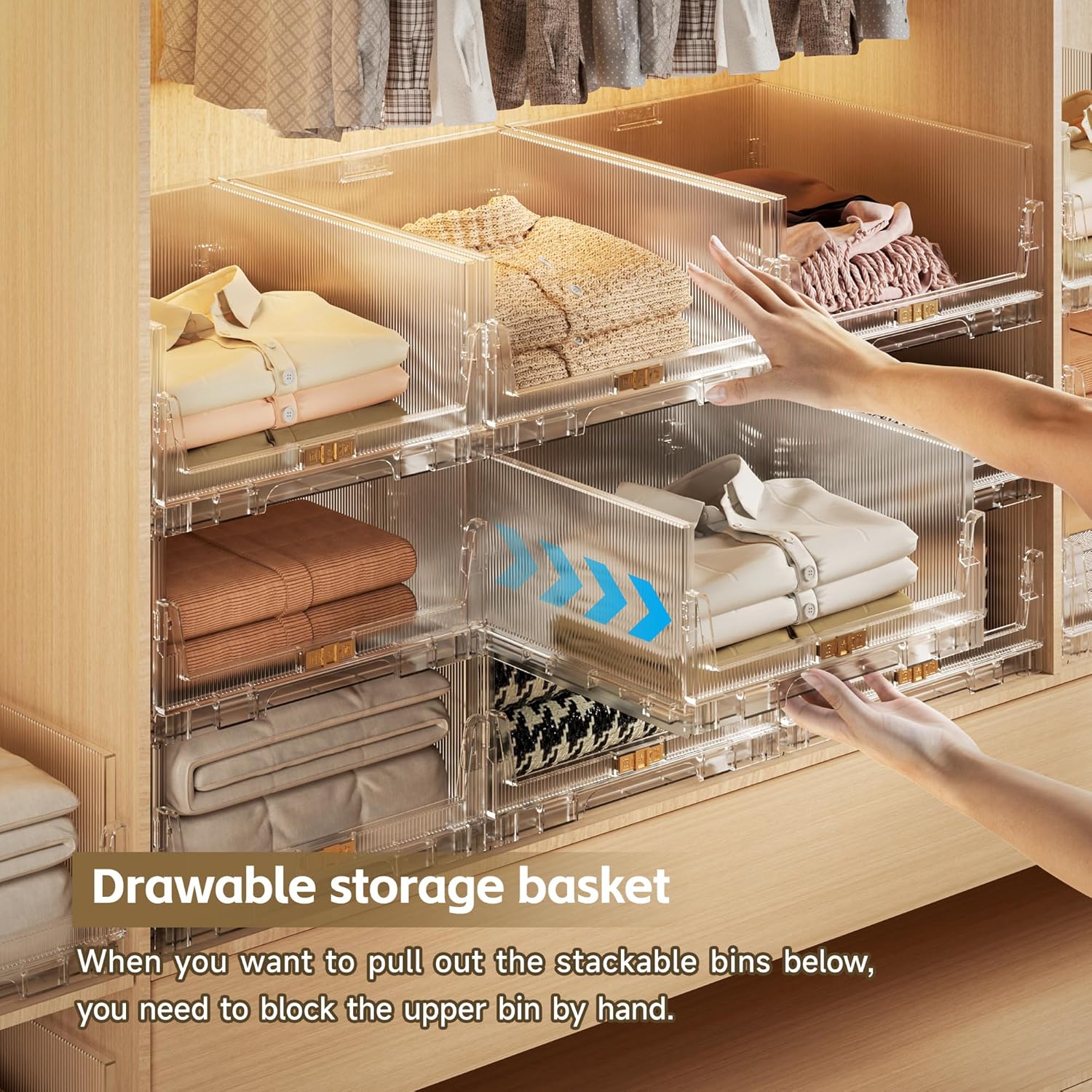 MIOPUR Stackable Closet Organizers and Storage Bins, 4 Pack Foldable Drawers, Clear R921