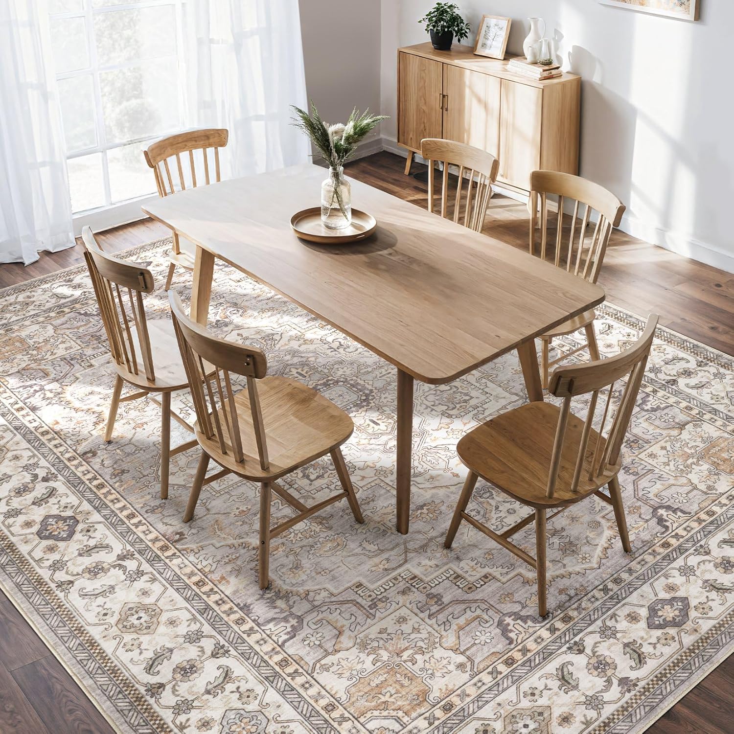 Washable Area Rug 8x10 Neutral Vintage Floral for Living Room X83094
