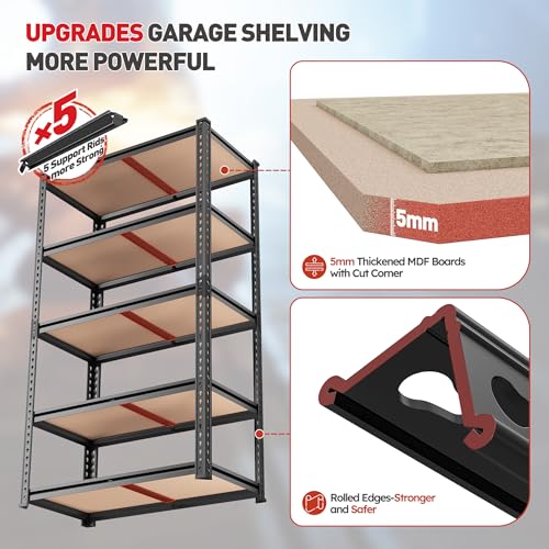 REIBII 2045LBS Storage Shelves 72" H x 35.55" W x 16" D Heavy Duty 5 Tier Adjustable Metal Shelving Unit, Black Q376