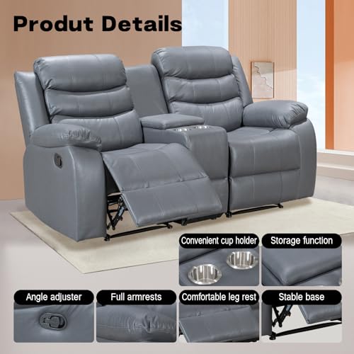 Leather Recliner Sofa, Double Recliner with Cup Holder, Grey I125022