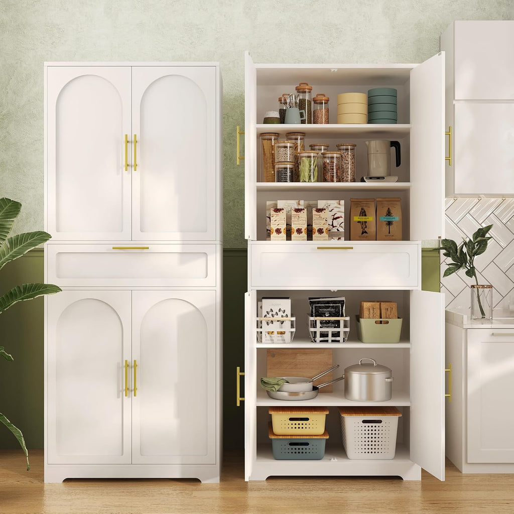 71" Kitchen Pantry Storage Cabinet, Tall Storage Cabinet with Adjustable Shelves, 1 Drawer, 4 Doors, Freestanding Cupboards Sideboard for Dining Room, Living Room, Laundry, White PT18103X